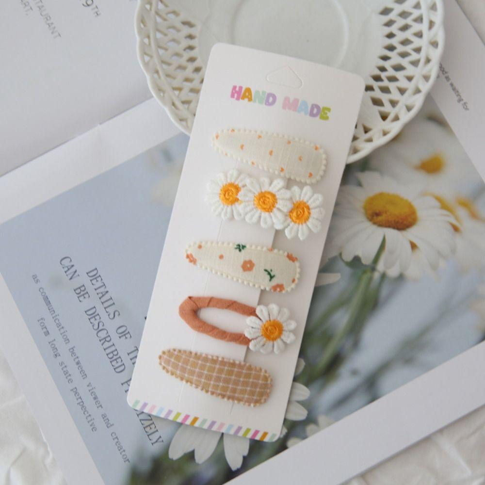 5PCS Cute Girls BB Clips Cotton Sweet Flower Hairpins Embroidered Bangs Hairclips  Hair Accessories