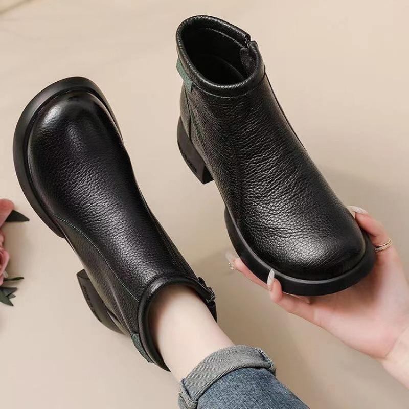 Autumn and Winter New Retro Handmade Women's Leather Boots Thick Heel Soft Sole First Layer Soft Leather Short Boots Literary and Simple Versatile Wo