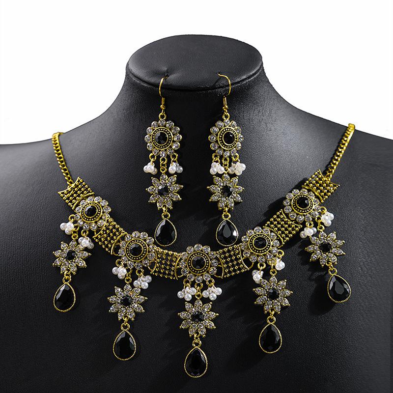 Bohemian Crystal Jewelry Set Fashion Vintage Ethnic Gemstone Tassel Necklace Earrings Set