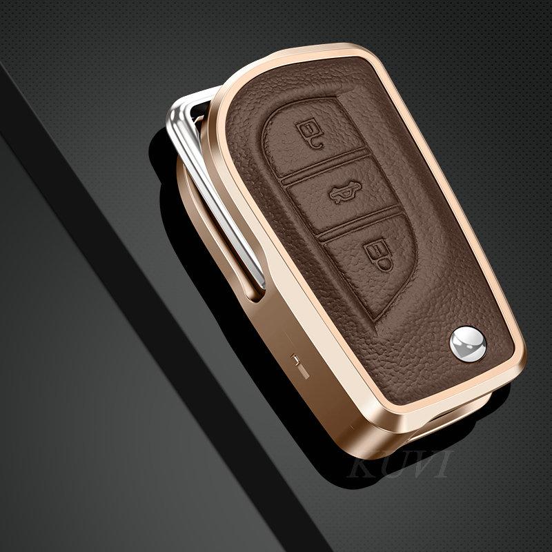 

Чехол для автомобильного выкидного ключа из алюминиевого сплава и кожи для Toyota Hilux Corolla Avensis Prado Fortuner RAV4 CHR Shell Fob Accessories коричневый