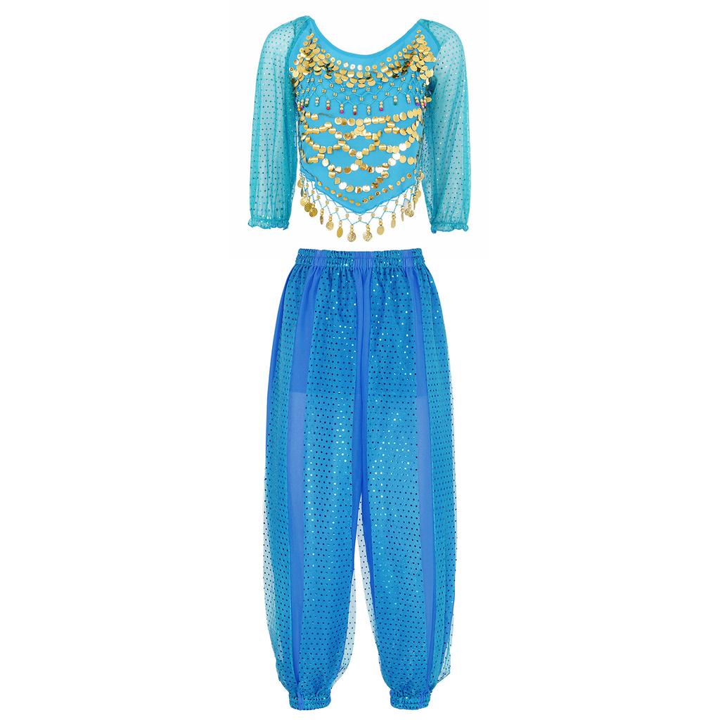 Bauchtanz-Outfit für Damen, Chiffon-Oberteil mit Pailletten und Pumphose zum Selbstbinden auf der Rückseite für Bühnenauftritte