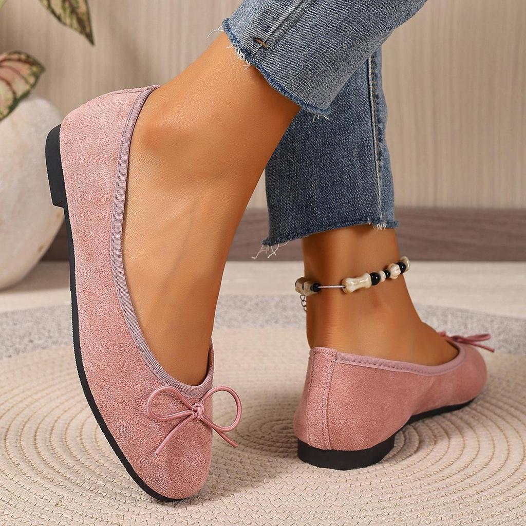 Plus Size Women's Black Suede Ballet Flats with Bow - Soft Sole & Shallow Mouth for Commuting