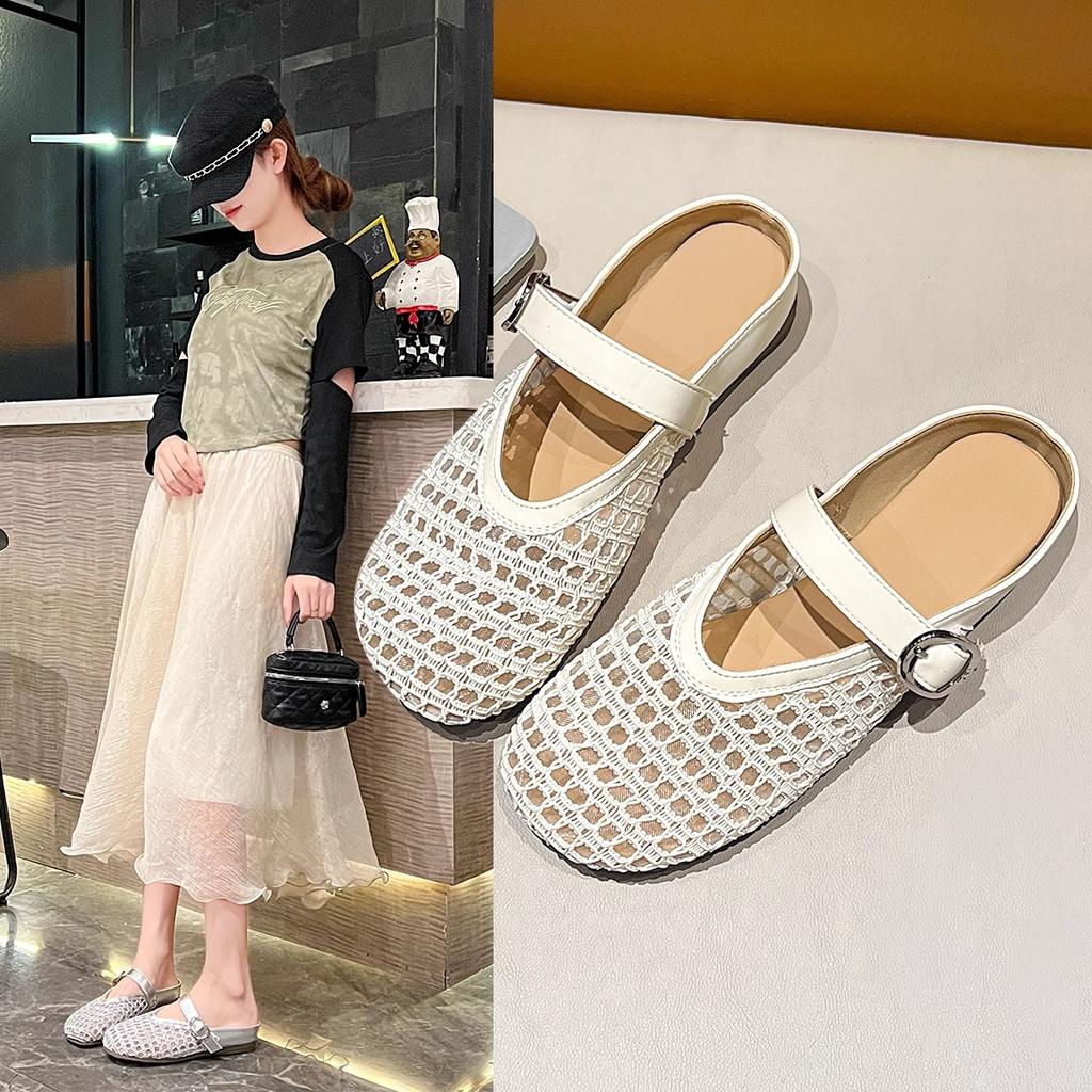 Weiche Lederversion~ Baotou Halbschuhe Damen Sommerbekleidung Mode hohles gewebtes Netz Römisches Boken kühle Hausschuhe Damen