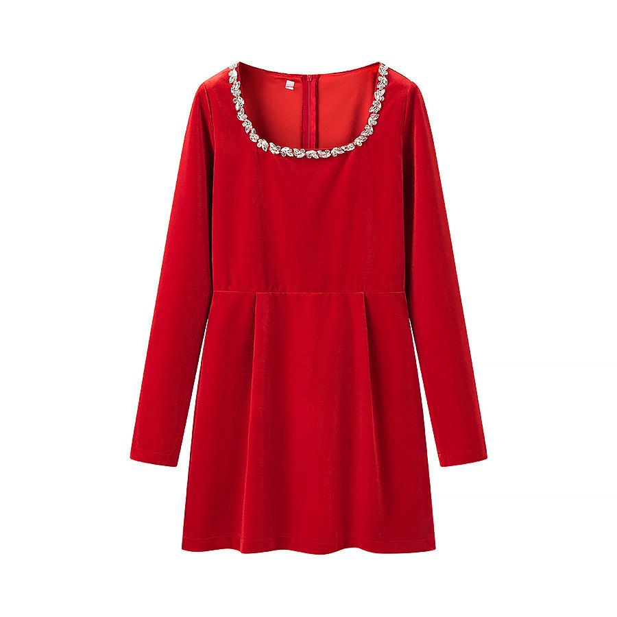 Women's Elegant Beaded Velvet Square Neck Rhinestone Long Sleeve Dress – Winter Formal/ New Year’s Dress