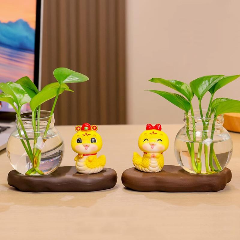 1set Desktop Plant Terrarium For Growing Hydroponic Plants Aquatic Vase Ceramic Base Snake Hydroponic Vase Glass Vase 2 styles