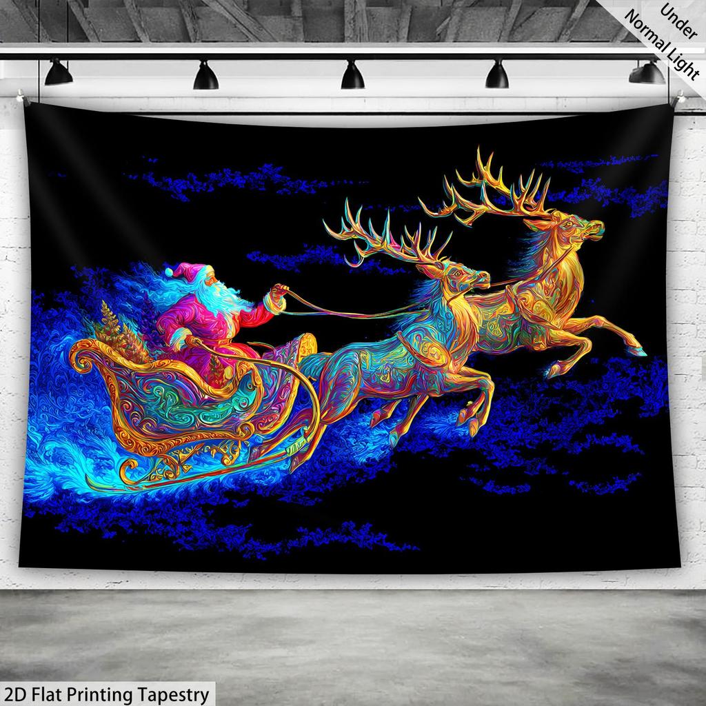 Christmas Santa Claus Fluorescent Tapestry Outer Space Polyster UV BlackLight Tapestry, Wall Hanging For Living Room Bedroom Office Home Decor