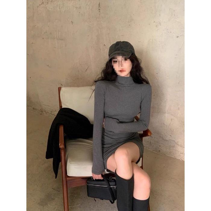 

Elegant Slim-Fit Half-High Neck Long-Sleeve Dress – Women s French Style Autumn/Winter Waist-Cinched Short Dress Large
