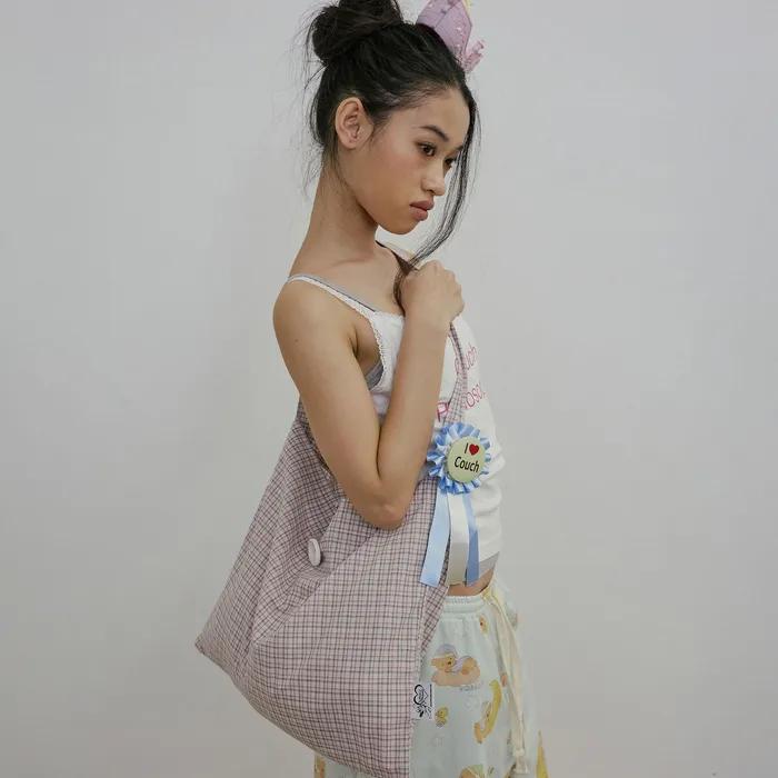 Button Eco Bag Pink Check