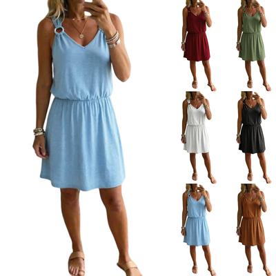 Women's Casual Sleeveless V Neck Tank Dress Elastic Waist Summer Beach Dress Lightweight Comfortable Fit Mini Dress