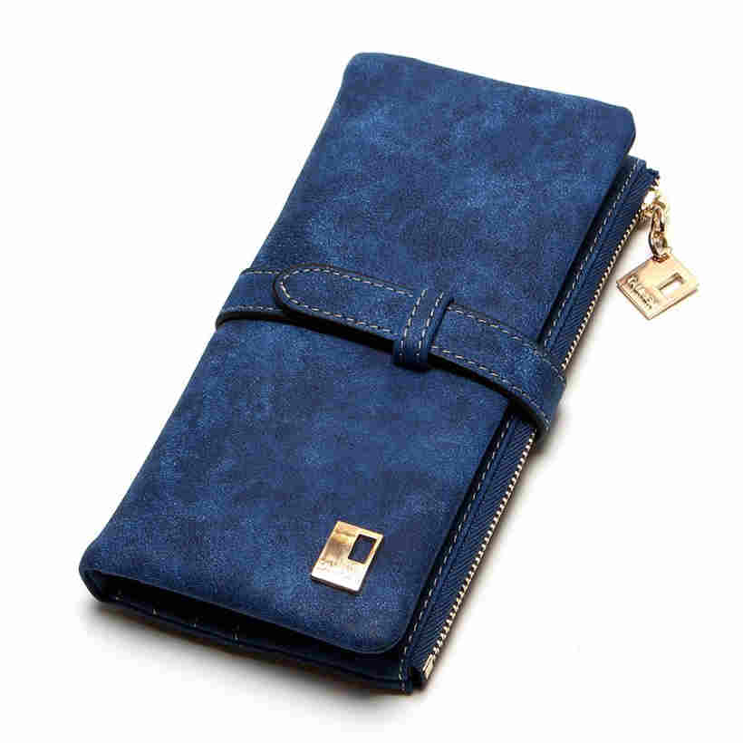 Females Drawstring Nubuck Leather Zipper Wallet Women Long Purse Two Fold Clutch