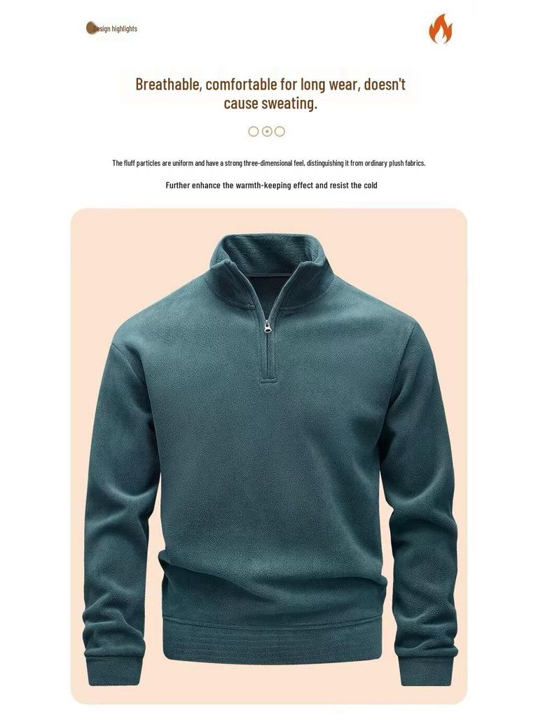 Men's Double-Sided Fleece Hoodie, Autumn Winter Warm Long Sleeve T-Shirt, Half Zip, Stand Collar, Loose Fit.