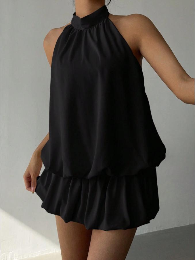 2025 European & American Solid Color Off-Shoulder Halter Neck A-Line Summer Dress