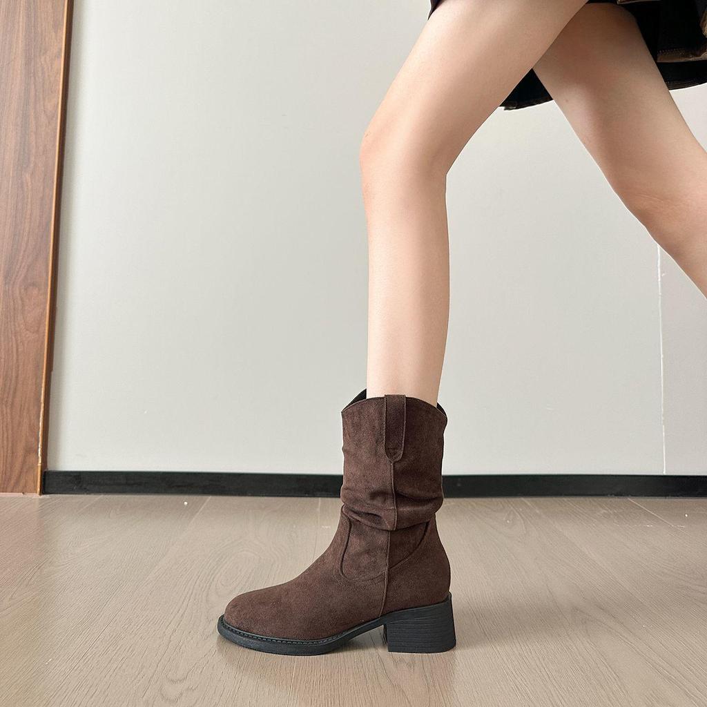 Women's Retro Hidden Heel Suede Mid-Calf Western Boots with Chunky Heel - 2025 Spring & Autumn Collection