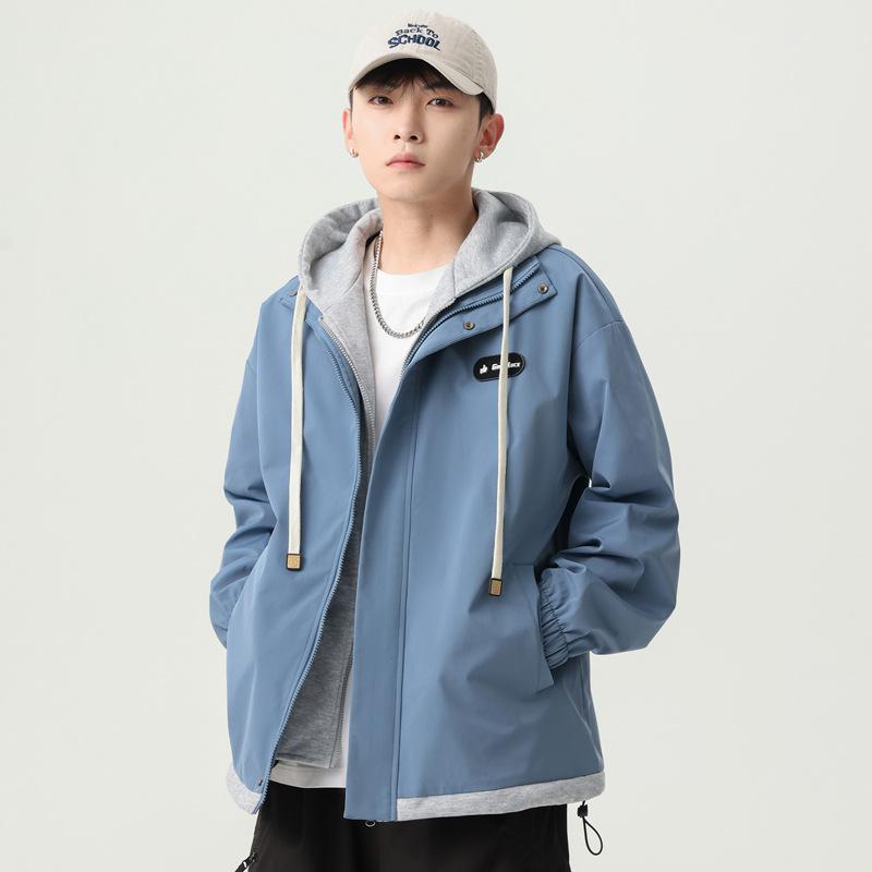 Men's Spring and Autumn Casual Jacket Men's Jacket Spring Men's Versatile Fake Two Contrasting Hooded Loose Jacket Top