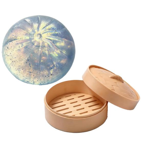 Sensory Stress Toy Glitter Dumpling Squeeze with Steamer Box Relief Dough Ball Fidget Toy Soft Simulated Steamed Bun Gadget