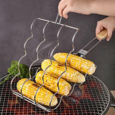 Corn Grill Basket with Wooden Handle Stainless Steel Folding Grilling Baskets Outdoor Camping BBQ Rack for Fish Shrimp Vegetables