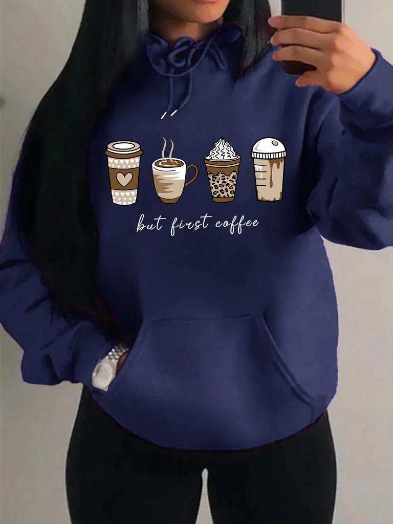 But First Coffee Cartoon Coffee Drink Pattern Hoodie Fashion Warm Casual Trendy Unisex Streetwear Pullover Sweatshirt Soft Fleece Material