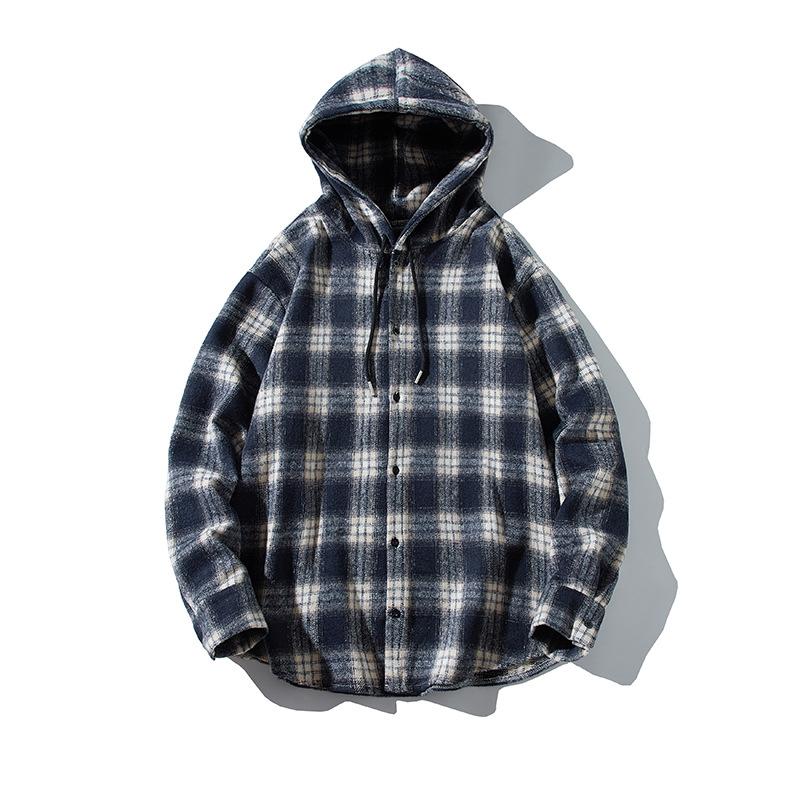 

Осень и Зима Японский Ретро Мужская Одежда Пушистая Нейтральная Утепленная Толстовка с Капюшоном Куртка Клетчатый Свободный Топ Мужской M чёрный