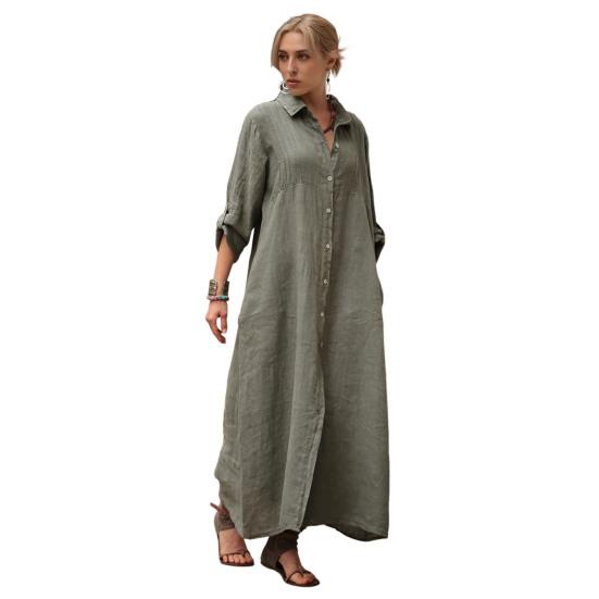 Women's Cotton Linen Shirt Dress Casual Rolled-Up Sleeve Button Dowm Maxi Dress Summer Loose