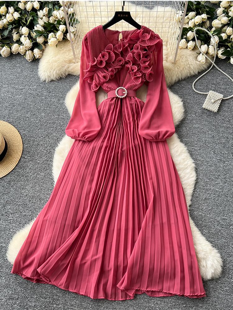Vestido Elegante de Moda Primavera Outono para Mulheres Novo Francês Borda Cogumelo Crimpado Solto Chiffon Manga Longa Vestido Longo