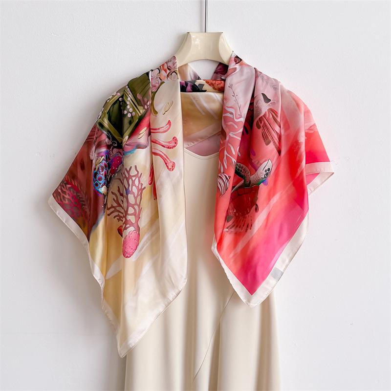 Ocean Treasure Simulation Silk Premium Large Square Scarf Silk Scarf Printed Shawl Decorative Scarf Sunscreen Scarf Headscarf Scarf