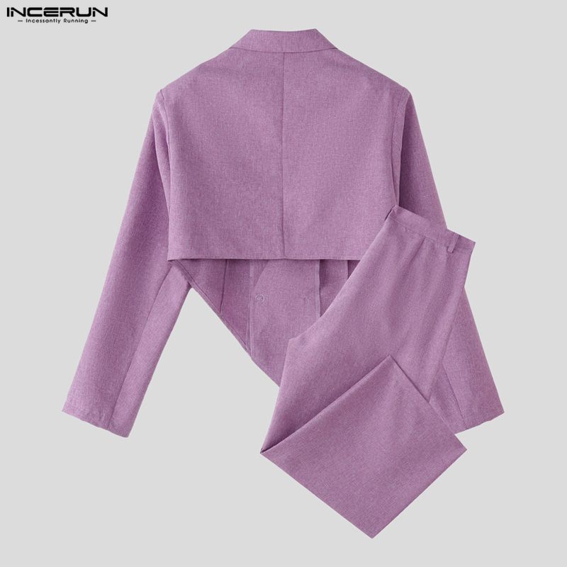 INCERUN 2PCS Men Long Sleeve Irregular Cropped Blazer and Long Pants Casual Loose Sets