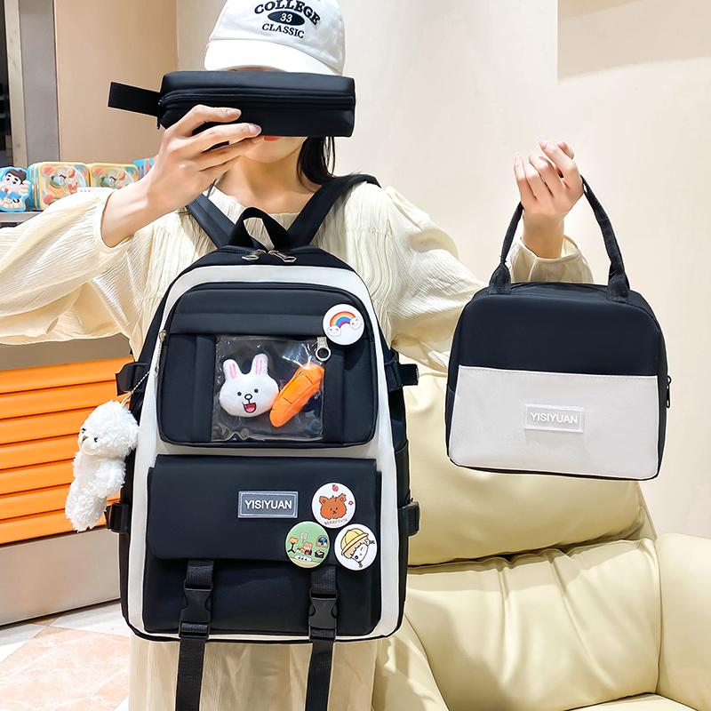 Dreiteiliges Rucksack-Set Farbblock Schüler-Schultasche Damen College-Stil Großraum-Rucksack für Mädchen