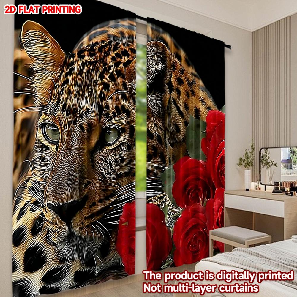 Flat Printing Happy Valentine Day Party Curtains Red Rose Cheetah Digital Printed Polyester Drapes Festive Set Of 2 Made
