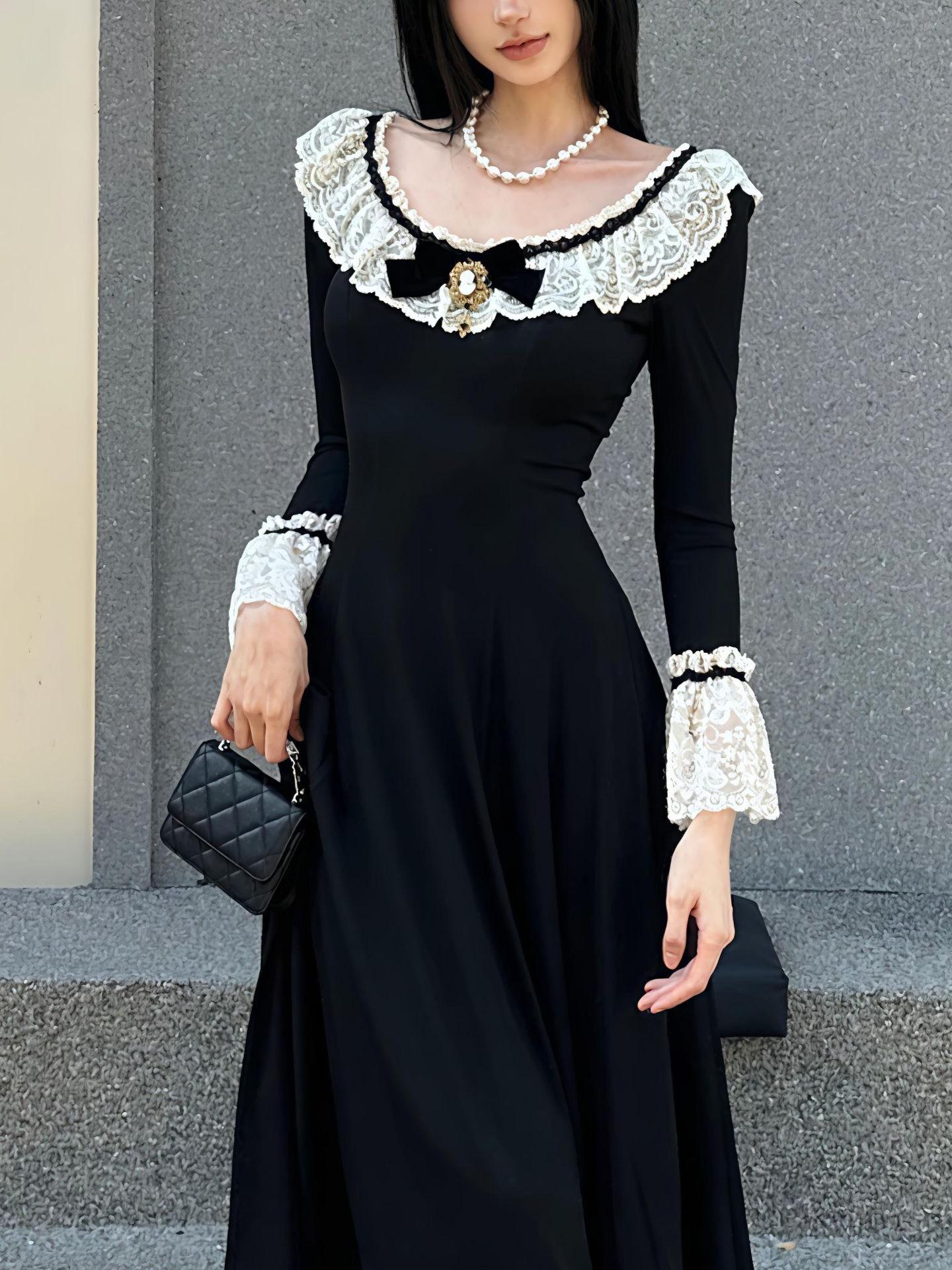 2025 Autumn French Country Style Black Long Sleeve Bodycon Dress Large чёрный