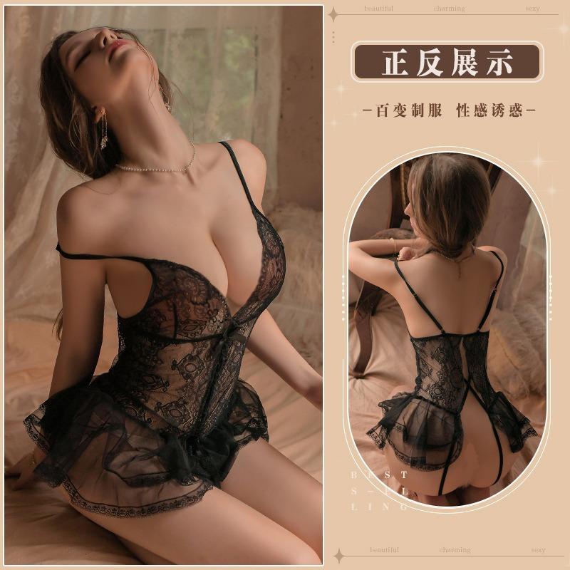 Sexy lingerie sexy suspender lace seduction onesie skirt open file hot perspective pajama set