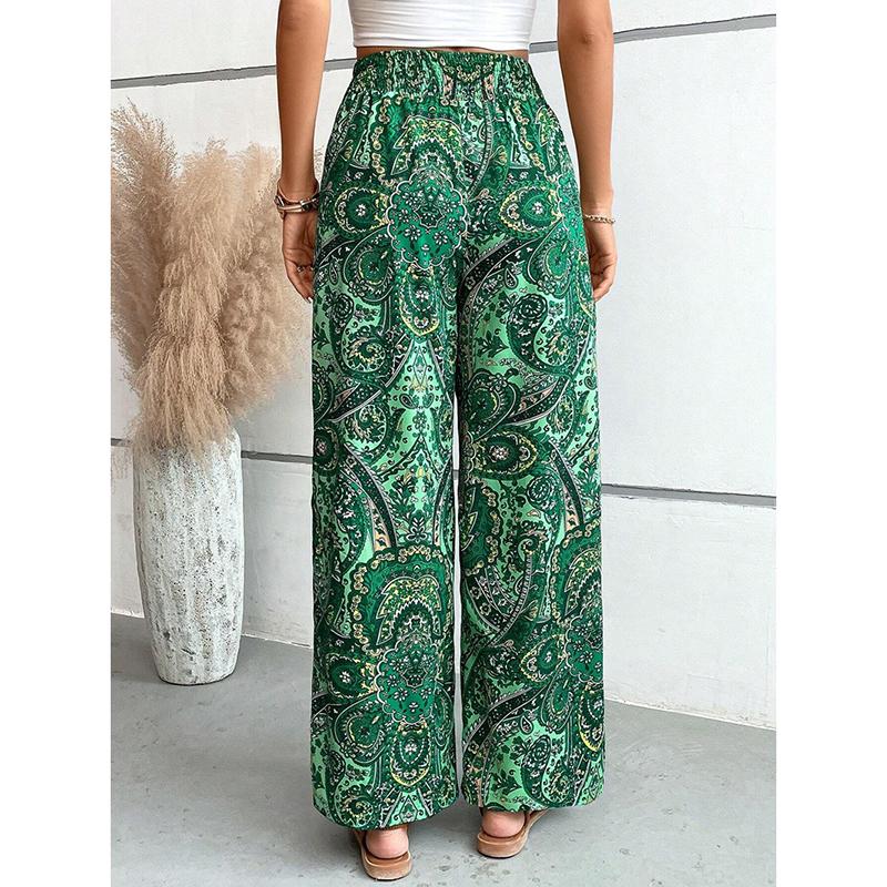 Summer New Fashion Printed Elastic Waist Wide Leg Pants Women Vintage Vacation Beach Pants Casual Woman Simple Thin Office Ladies Long Trousers 25783