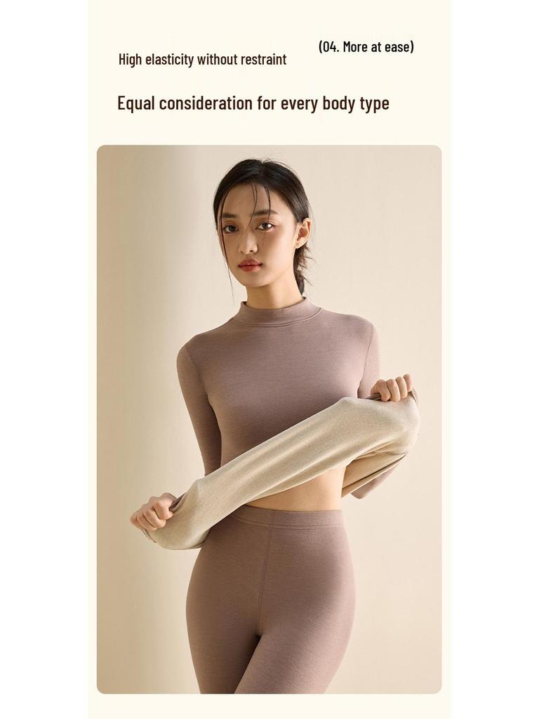 Women's Wool Silk Thermal Set: Warm Stand Collar Top & Trousers - Heat-Generating, Skin-Friendly Base Layer for Autumn/Winter.