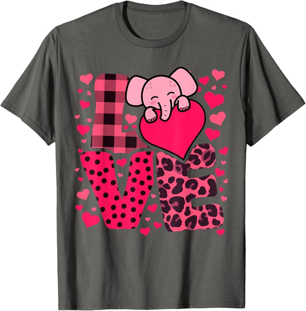 Cute Elephant Love Hearts Valentines Day Graphic Tee Soft Breathable Casual T-Shirt