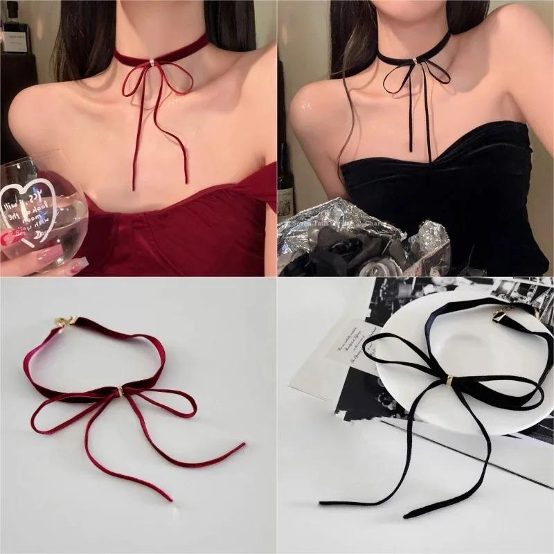 Punk Gothic Bows Pendant Necklace Adjustable Velvets Chains Choker Y2K Elegant Braideds Bows Neckchain for Women Girls