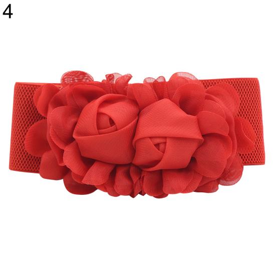 Women's Fashion Double Rose Flowers Elastic Stretch Waist Belt Wide Stretch Waistband