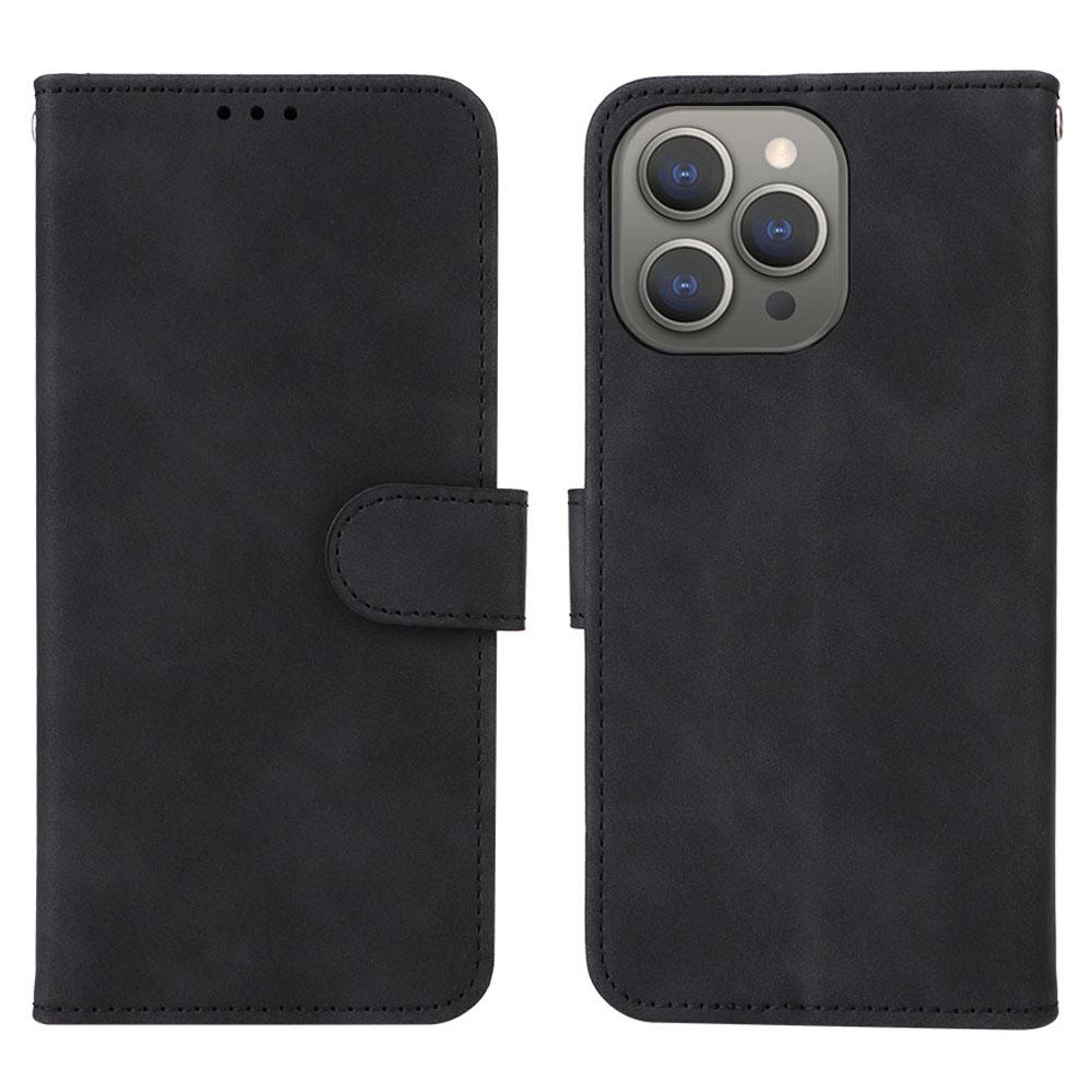

For iPhone 15 Pro Max Skin-touch Phone Leather Case Stand Wallet Protective Phone Cover Black