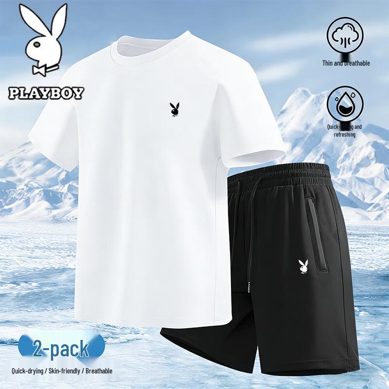PLAYBOY Men s Summer Ice Silk Breathable T-shirt & Shorts Set 2XL