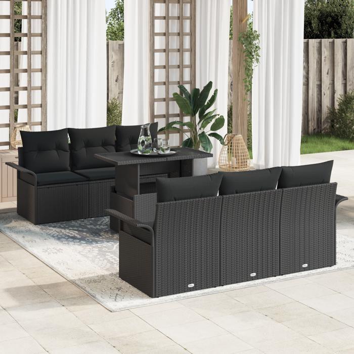 Ensemble de canapé jardin vidaXL 7 pièces avec coussins Noir Rattan Poly, Canapé jardin 2 places vidaXL avec rangement &amp; 3356946