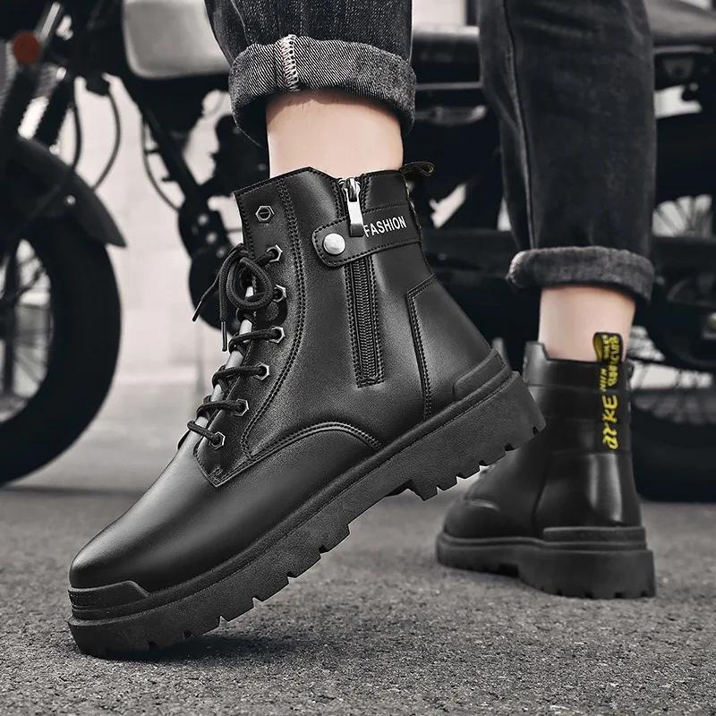 Men's Boots Fashion Motorcycle Ankle Boot New High Top Leather Boots for Men Non Slip Platform Work Safety Boot Botas Hombre