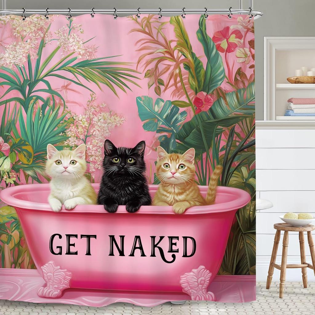 Japanese Samurai Black Cat Bathroom Shower Curtain Cherry Blossom Cool Funny Hilarious Black Polyester Fabric 12 Plastic Hooks