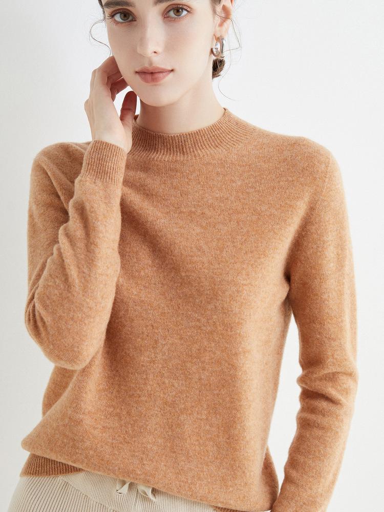 Damen Nahtloser 100% Wollpullover Langarm mit Halbhohem Kragen für Herbst/Winter