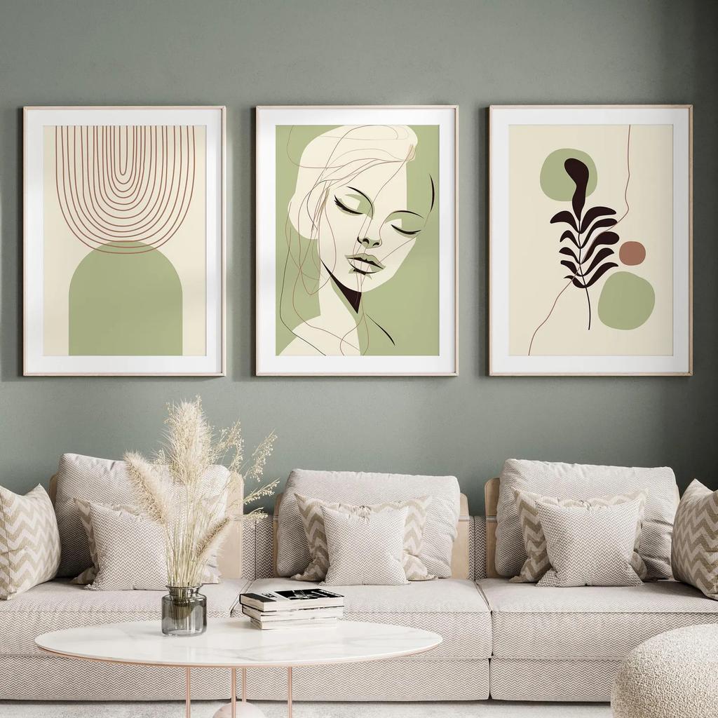 3PC Sage Green Boho Wall Art Minimalist Line Face, Abstract Arch & Botanical Print, Neutral Modern Decor for Living Room
