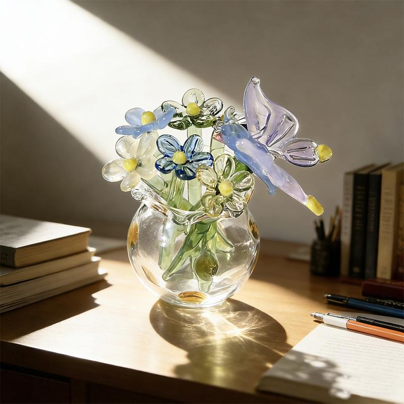 Handcrafted Floral Sculpture Hand-blown Glass Flower Bouquet Vase Mini Floral Decoration For Home Room Handmade Simulation