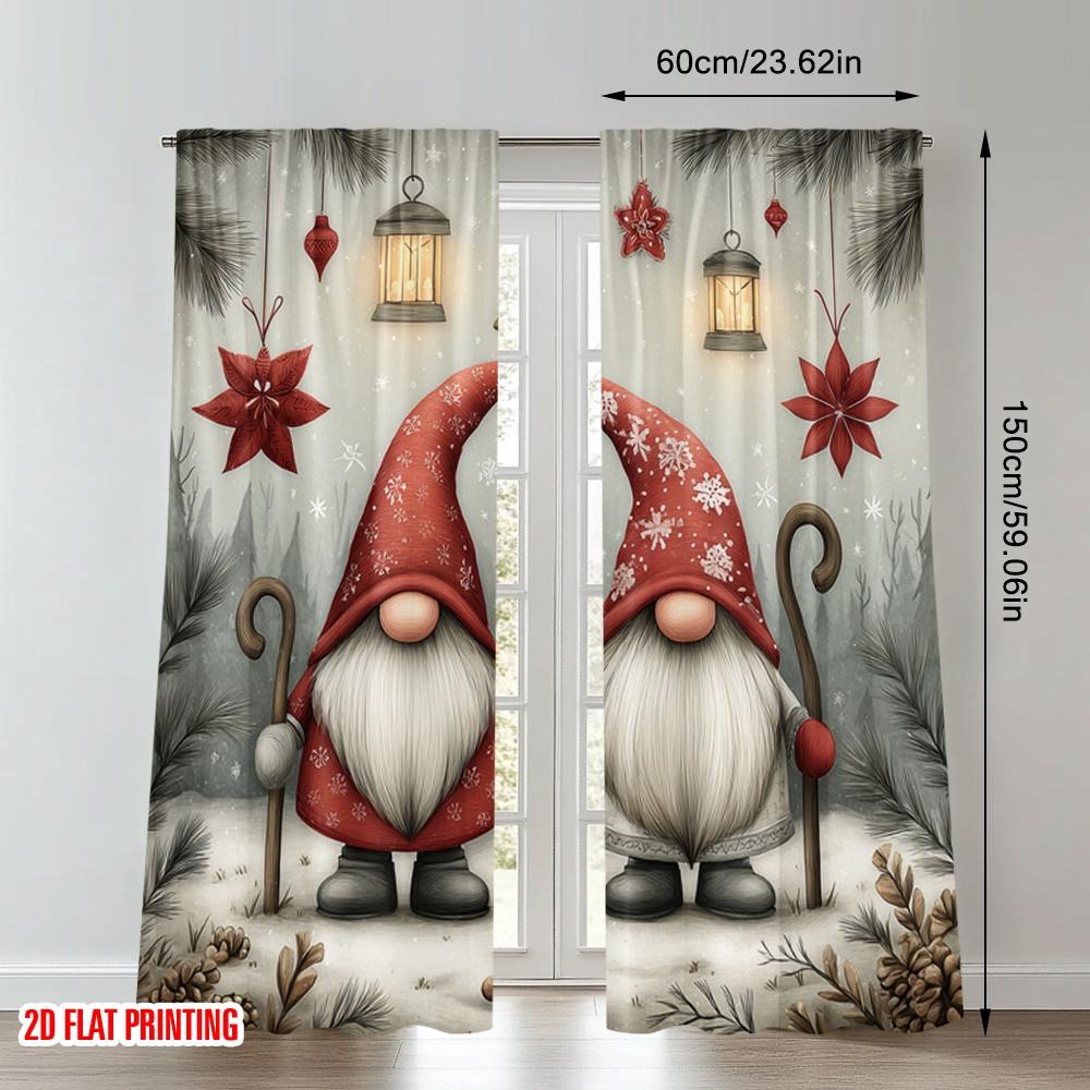2pcs 2D flat printing Fashionable Christmas Curtains Christmas Gnomes Winter Wonderland Lanterns Digital Printed Polyester