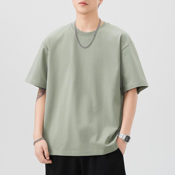 One Tone T-shirt Mens Short Relaxed Fit Versatile Round Neck Five-point Sleeves