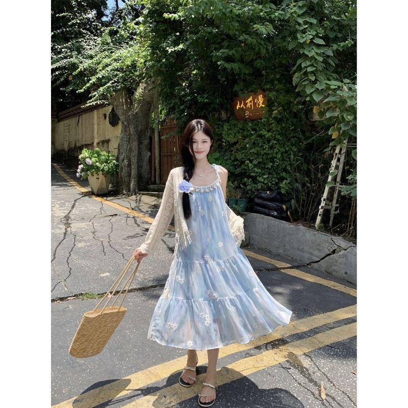 Kumikumi Gentle Suit Women's Three-Dimensional Flower Sling Dress Summer Tassel Sun-Proof Outwear Two-piece Set