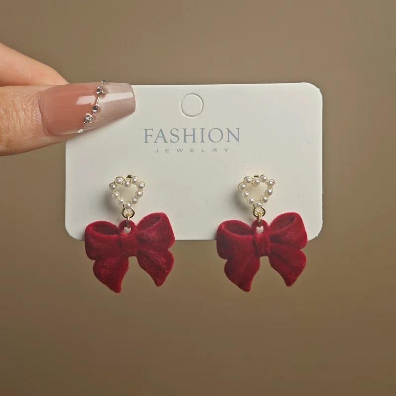 LATS Red Black Bowtie Earrings for Women Girls Simulated Pearl Cloth Bow Tie Earrings Jewelry Ear Accessories Beautiful Gifts