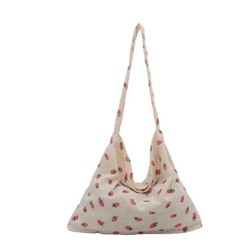 Corduroy Strawberry Print Tote Bag With Magnetic Closure For Daily Use