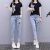 Women's Summer Personalized Set Design Embroidery Short Sleeve T-Shirt + Small Feet Hole Breaking Jeans Two Piece Set