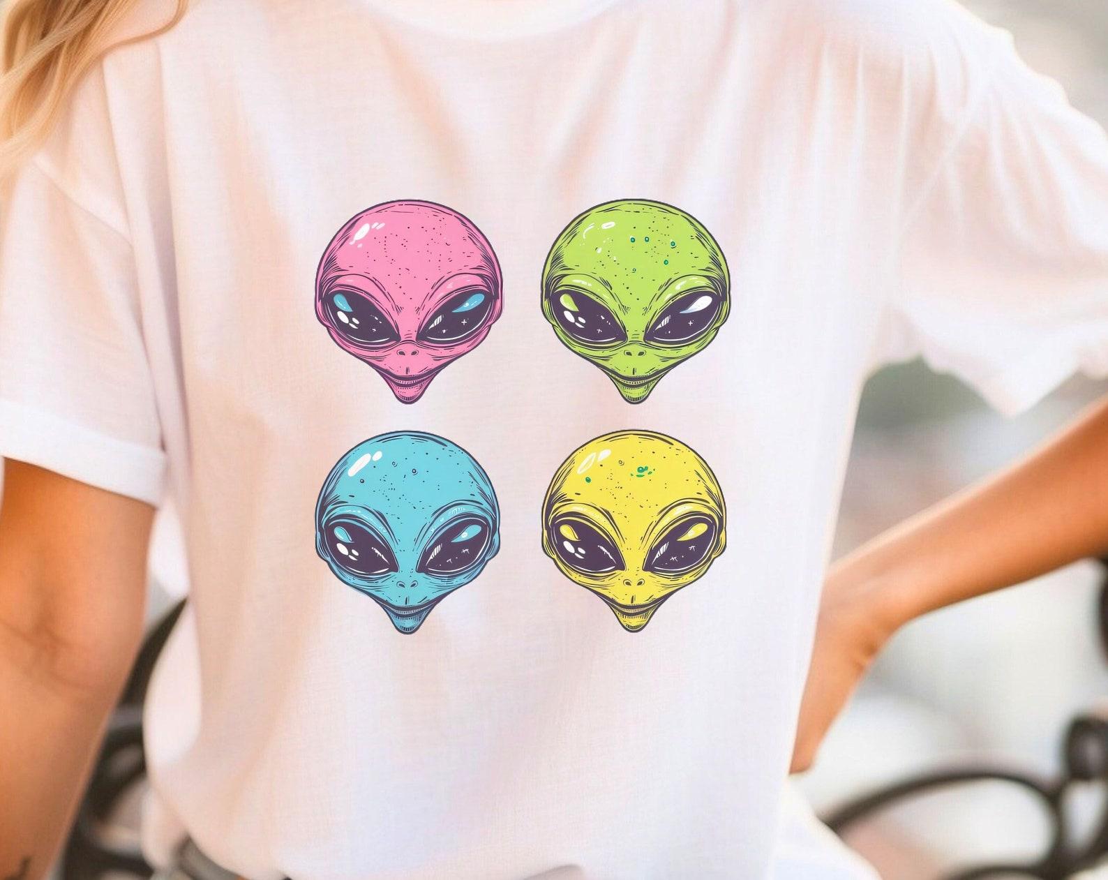 Four Alien Faces Shirt: Multicolor Extraterrestrial Tee 2XL